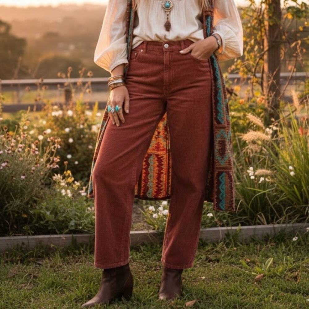 REFUGE Rust Orange Terracotta Corduroy Pants Straight Leg Cottagecore Boho Y2K